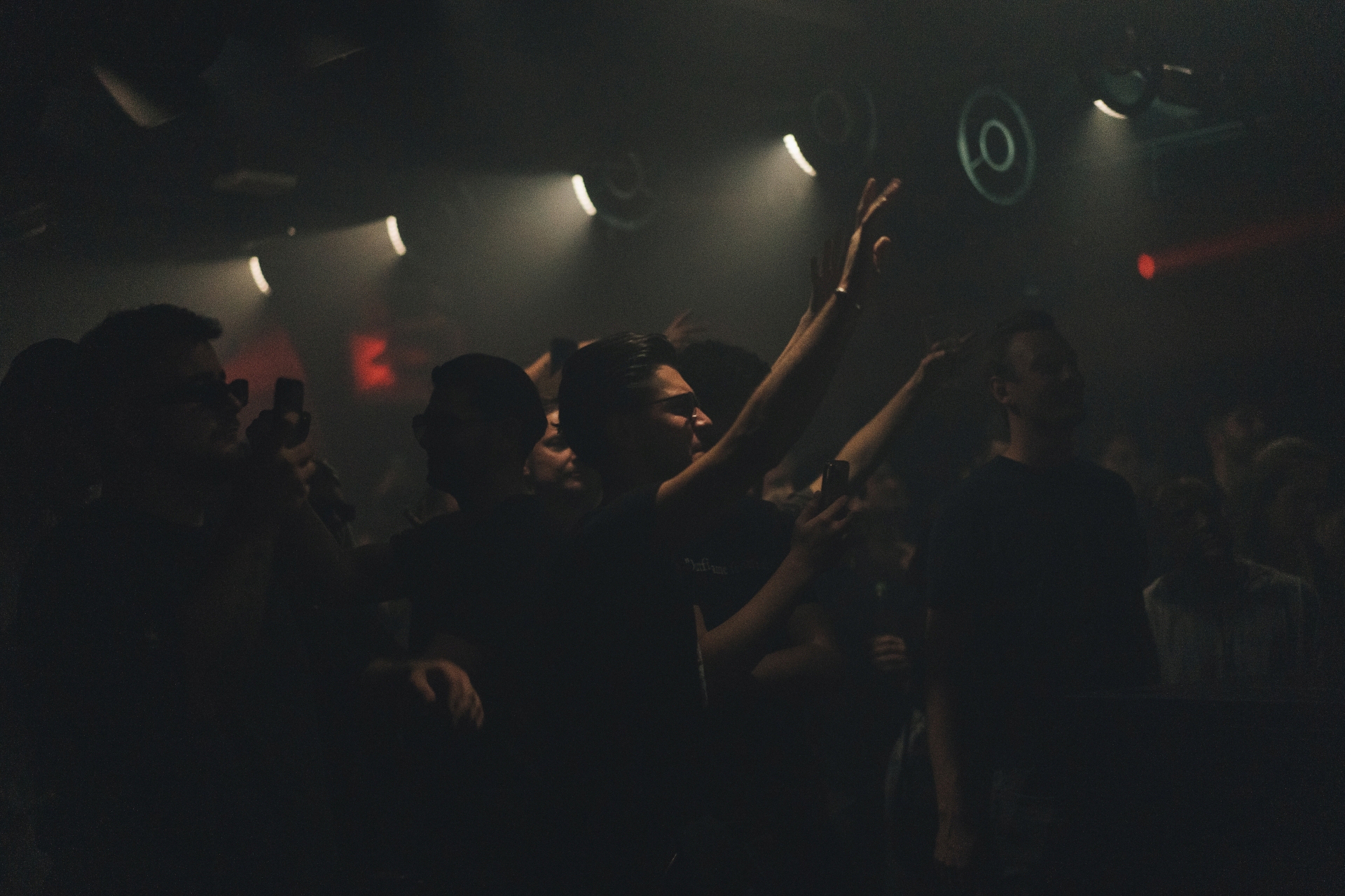 Dancing crowd under the light installation at Fridas Pier, Stuttgart
