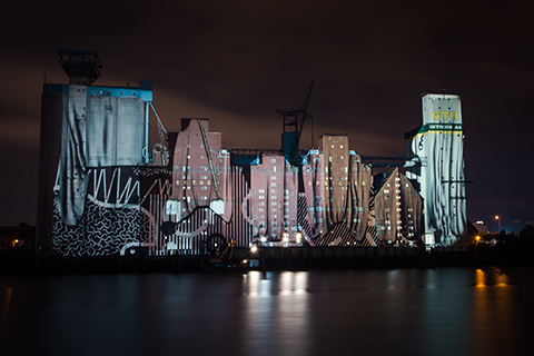 Projection on large building at MS Dockville 2016 in Hamburg
