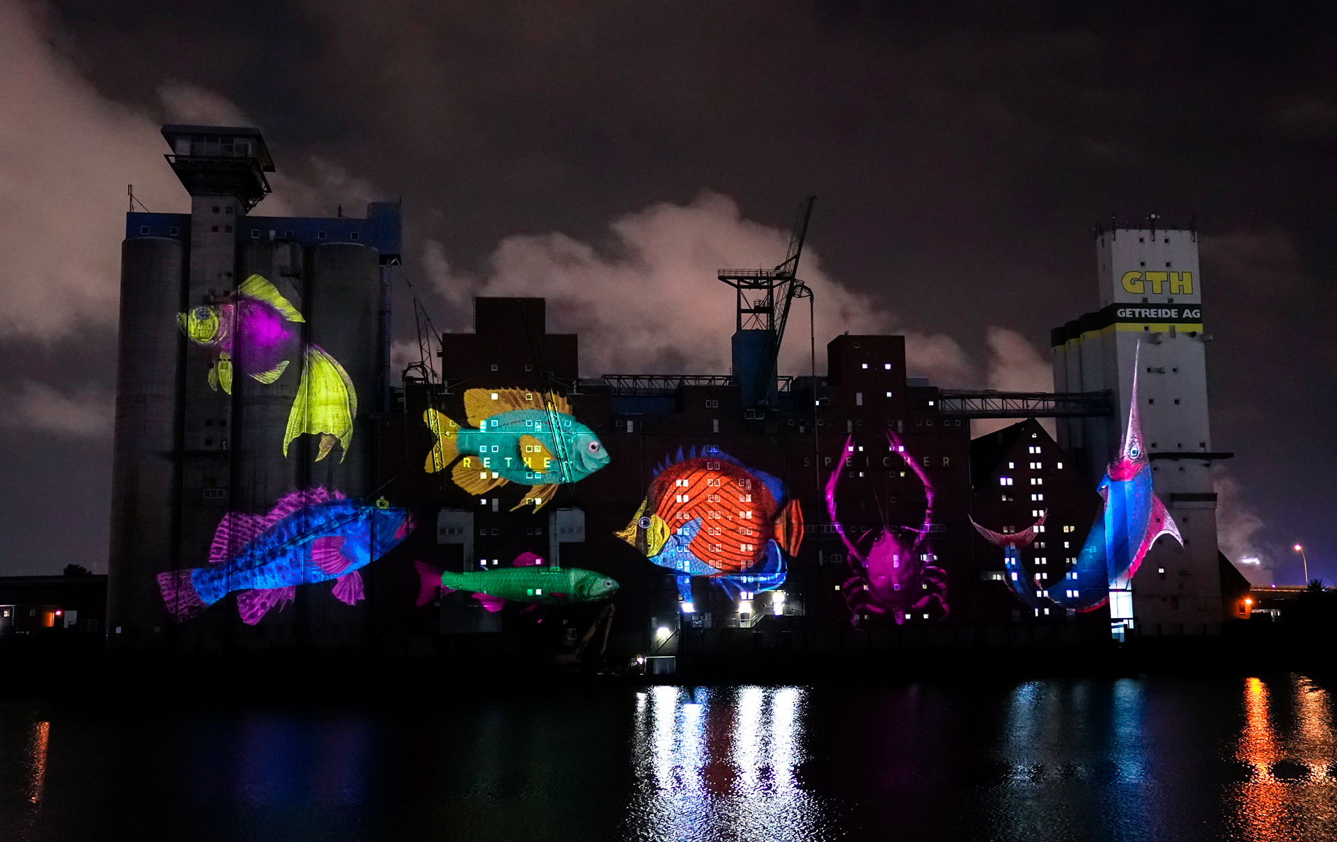 Bunte tropische Fische, eine Krabbe und ein Schwertfisch schwimmen über die Fassade des Rethespeichers